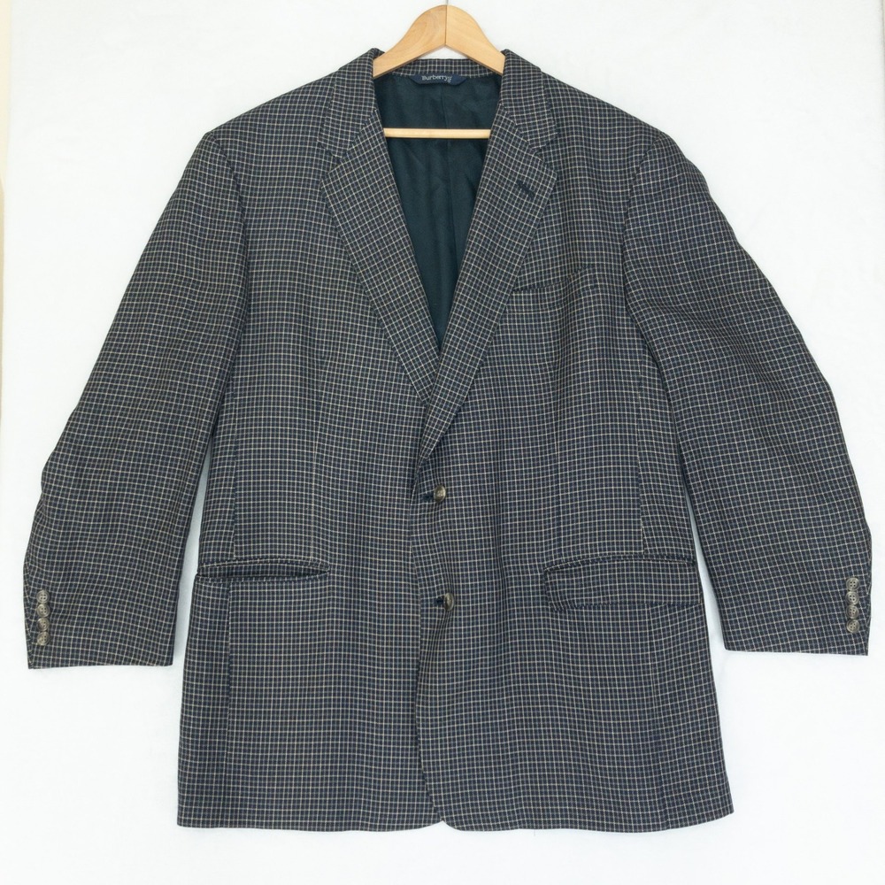 Burberrys Blazer Mens Size 48L Navy Blue Check Pattern Two Button Sport Coat
